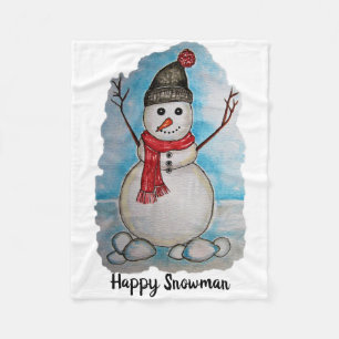 Gorgeous watercolor snowman with scarf and hat fleece blanket