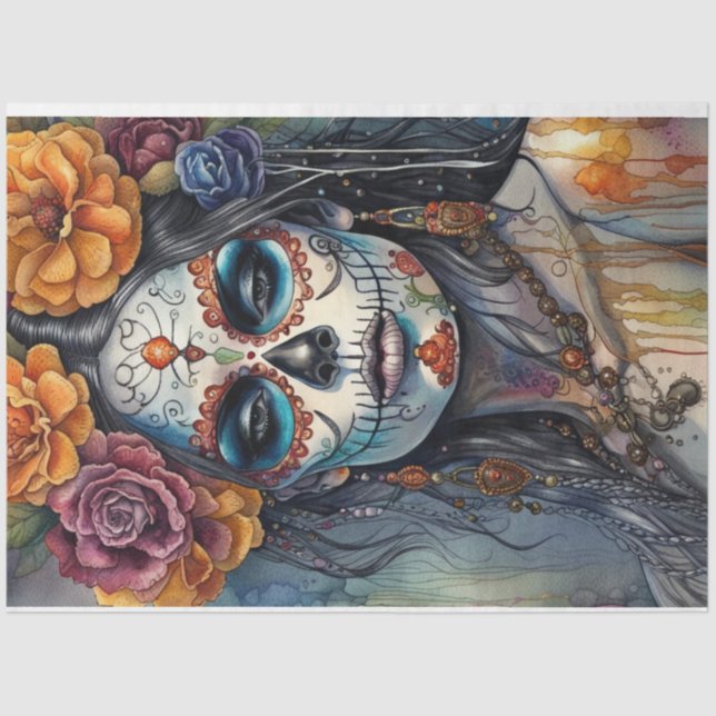 Gorgeous Watercolor Sugar Skull Woman Decoupage  Tissue Paper (Front)