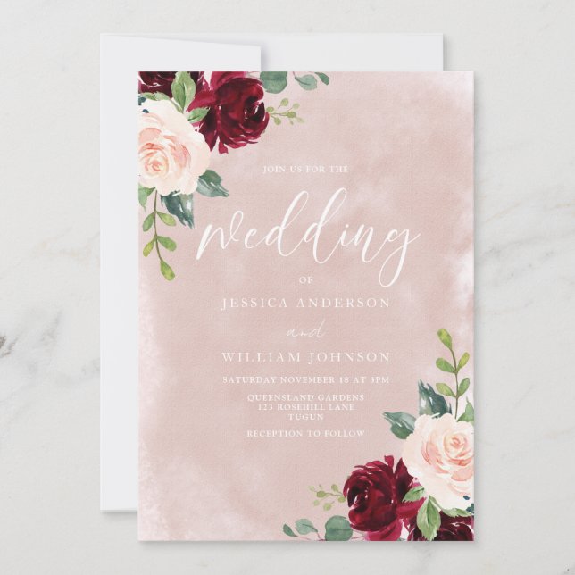 Gorgeous Wedding: Blush & Burgundy Elegant Wedding Invitation (Front)