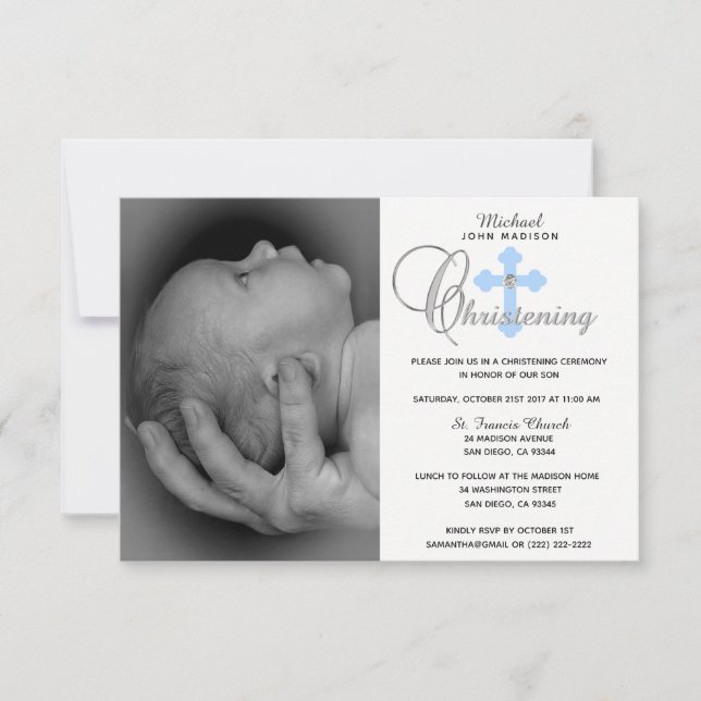 Gorgeous White Blue Cross Boy PHOTO Christening Invitation (Front)