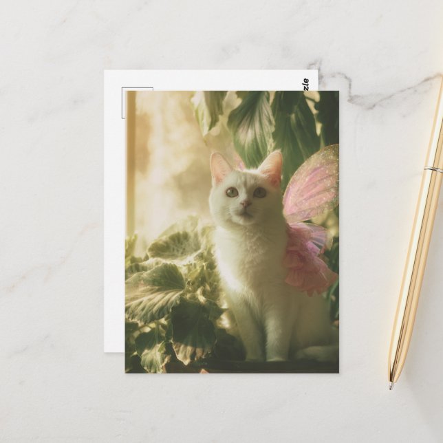 Gorgeous White Cat Fairy Postcard (Front/Back In Situ)