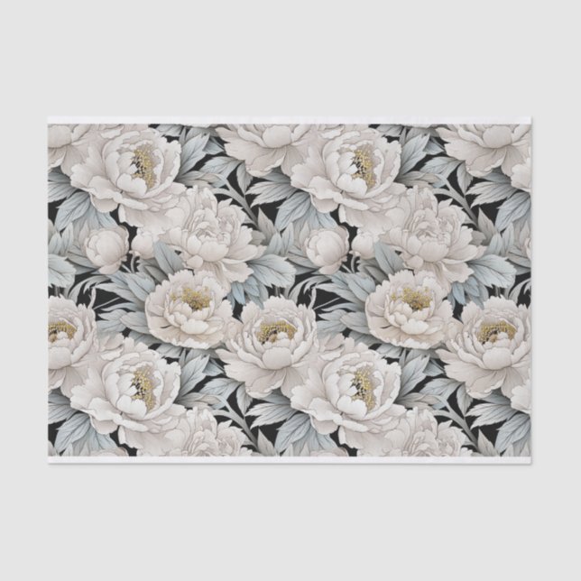 Gorgeous White Peony Illustrations Dark Background Tissue Paper (Front)