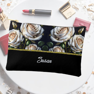 Gorgeous white roses with golden details, elegant  accessory pouch