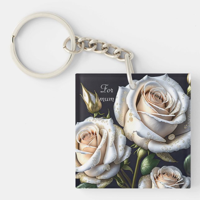 Gorgeous white roses with golden details key ring (Front)