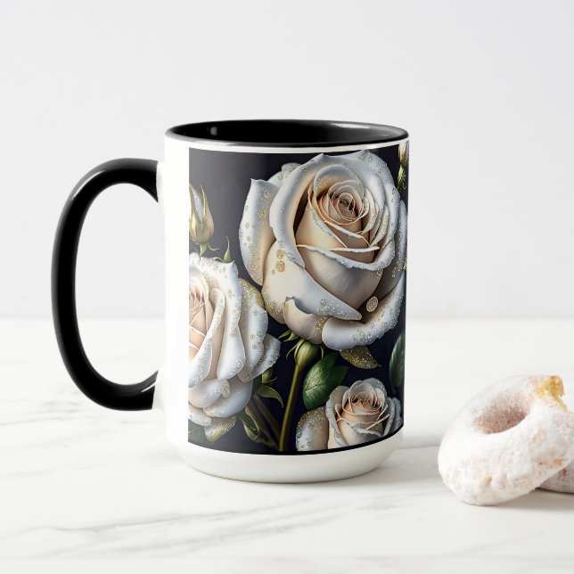 Gorgeous white roses with golden details mug (With Donut)