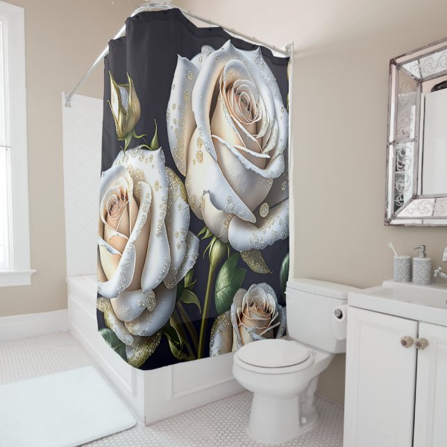 Gorgeous white roses with golden details shower curtain (In Situ)