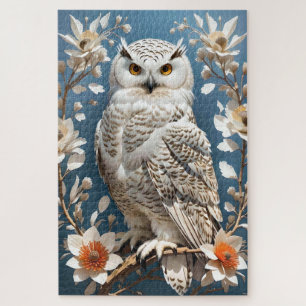 Gorgeous White Snowy Owl Botanical Jigsaw Puzzle