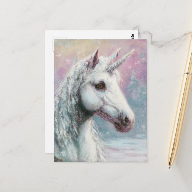 Gorgeous Winter Unicorn Postcard (Front/Back In Situ)