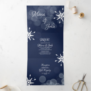 Gorgeous Winter Wedding Snowflakes Bokeh Lights Tri-Fold Invitation