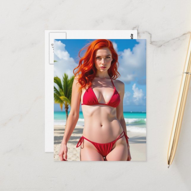 Gorgeous Woman in a Red Bikini  Postcard (Front/Back In Situ)