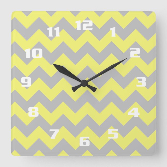 Gorgeous Yellow and Grey Chevron Pattern Square Wall Clock (Front)