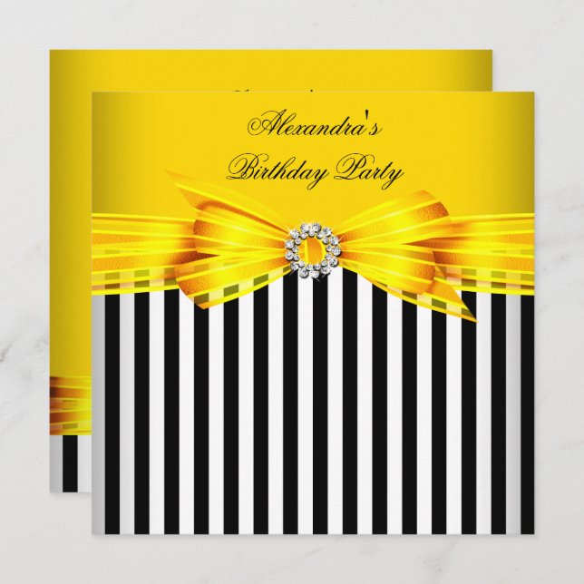 Gorgeous Yellow Black White Stripe Birthday Party Invitation (Front/Back)