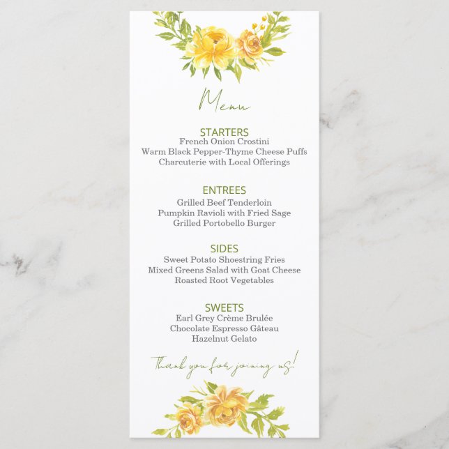 Gorgeous Yellow Floral Menu (Front)