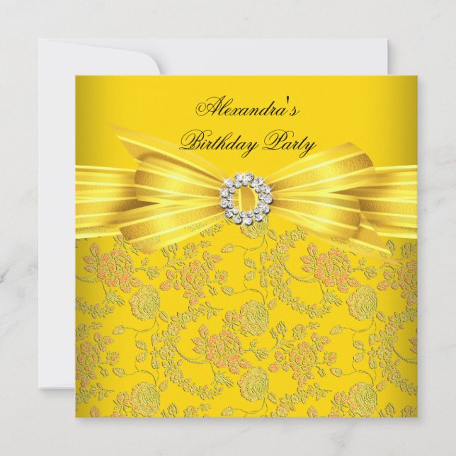 Gorgeous Yellow Rose Damask Birthday Party Invitation (Front)