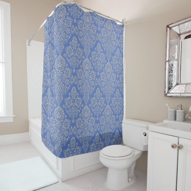 Gorgoeus Blue Stylish and Elegant Damask Pattern Shower Curtain (In Situ)
