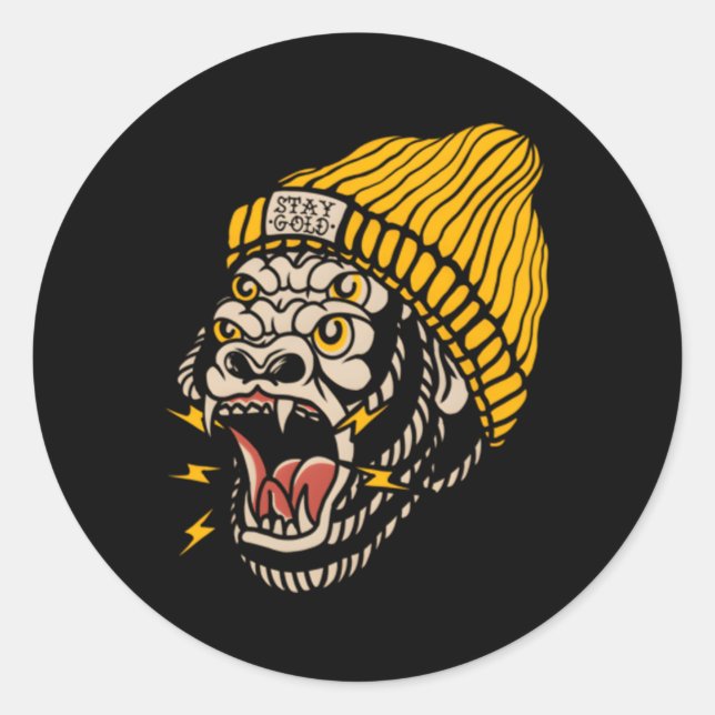 Gorilla American Traditional Tattoo Inked Old Scho Classic Round Sticker (Front)