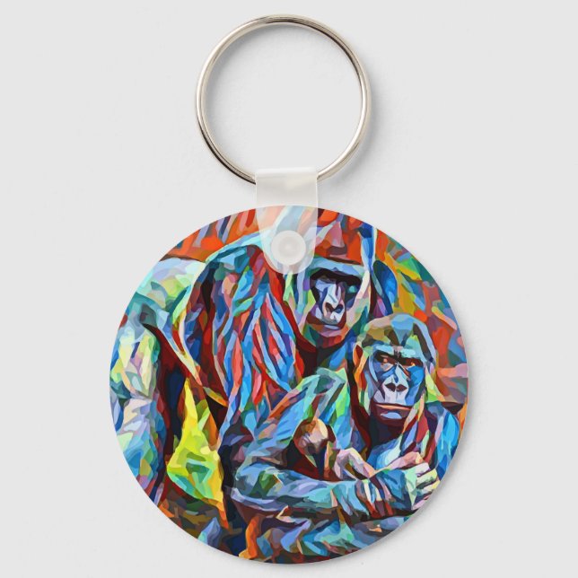 Gorilla Ape Family Abstract Animals Wildlife Art Key Ring (Front)