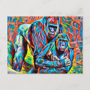 Gorilla Ape Family Abstract Animals Wildlife Art Postcard
