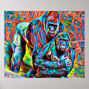Gorilla Ape Family Abstract Animals Wildlife Art Poster