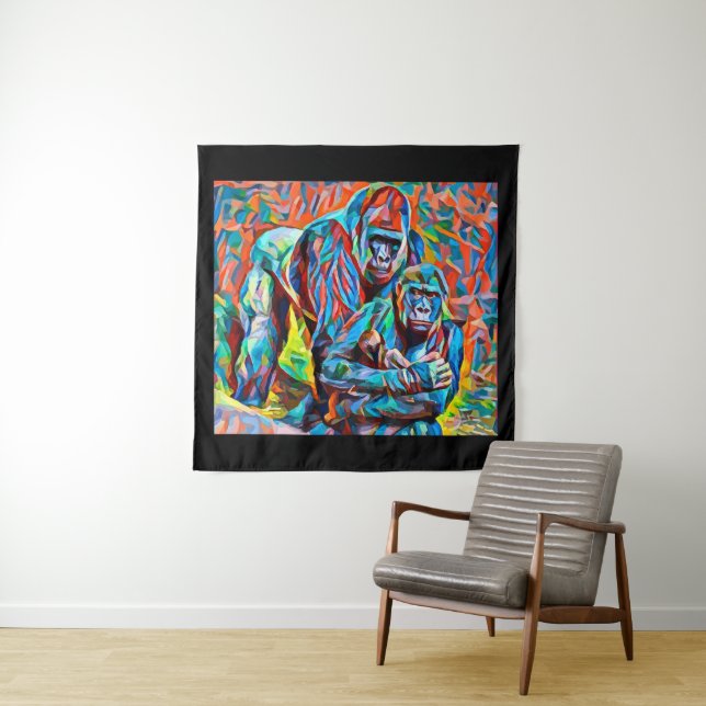 Gorilla Ape Family Abstract Animals Wildlife Art  Tapestry (In Situ)