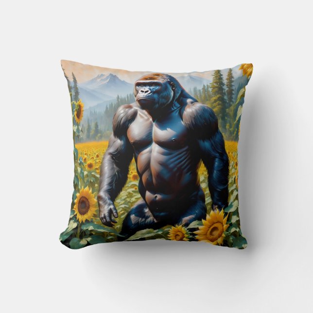 Gorilla Ape In A Field Of Sunflower Cushion (Front)