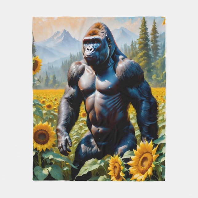 Gorilla Ape In A Field Of Sunflower Fleece Blanket (Front)