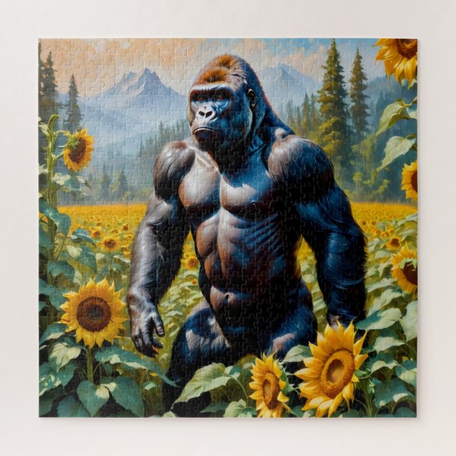 Gorilla Ape In A Field Of Sunflower Jigsaw Puzzle (Vertical)