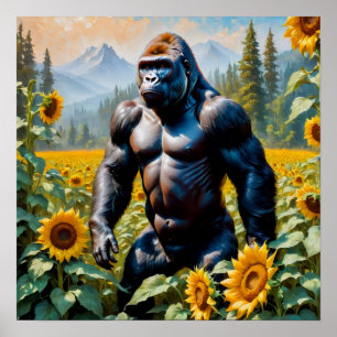 Gorilla Ape In A Field Of Sunflower Poster