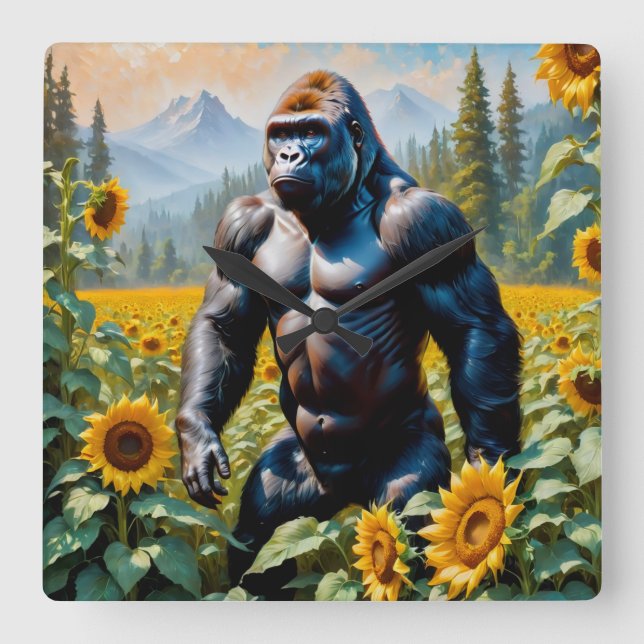 Gorilla Ape In A Field Of Sunflower Square Wall Clock (Front)