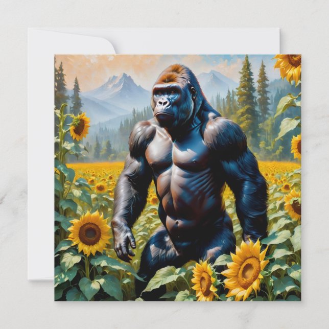Gorilla Ape In  Field Of Sunflower Square Postcard (Front)