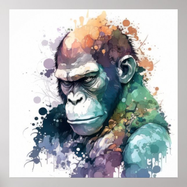Gorilla Ape Portrait Animal Painting Wildlife Free Poster (Front)