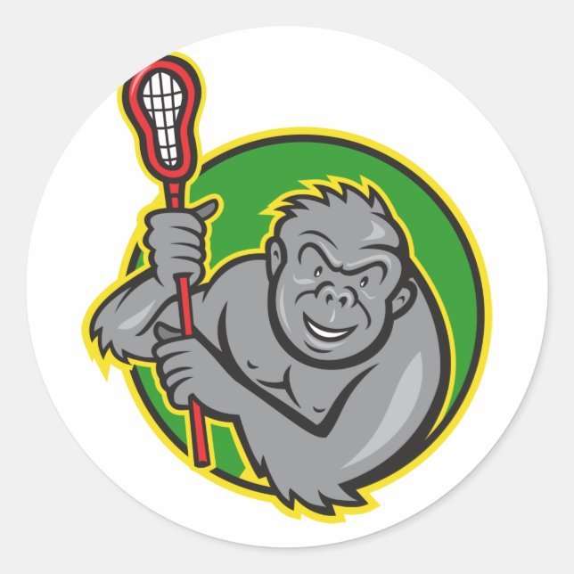Gorilla Ape With Lacrosse Stick Cartoon Classic Round Sticker (Front)