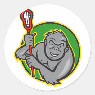 Gorilla Ape With Lacrosse Stick Cartoon Classic Round Sticker