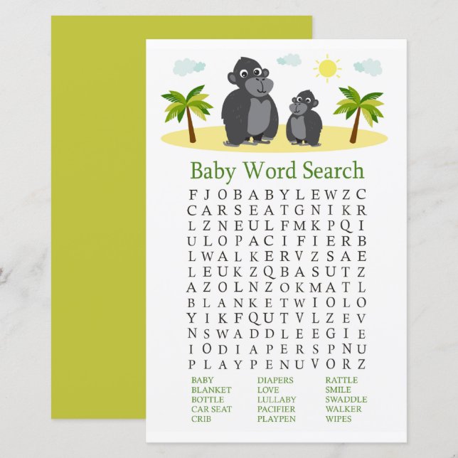 Gorilla Baby Shower Word Search Game (Front/Back)