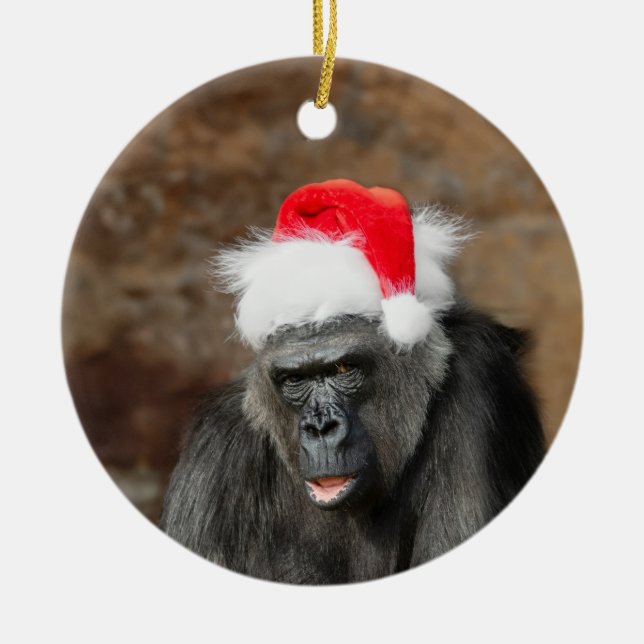 Gorilla Biddy in a Festive Christmas Hat Ceramic Tree Decoration (Front)
