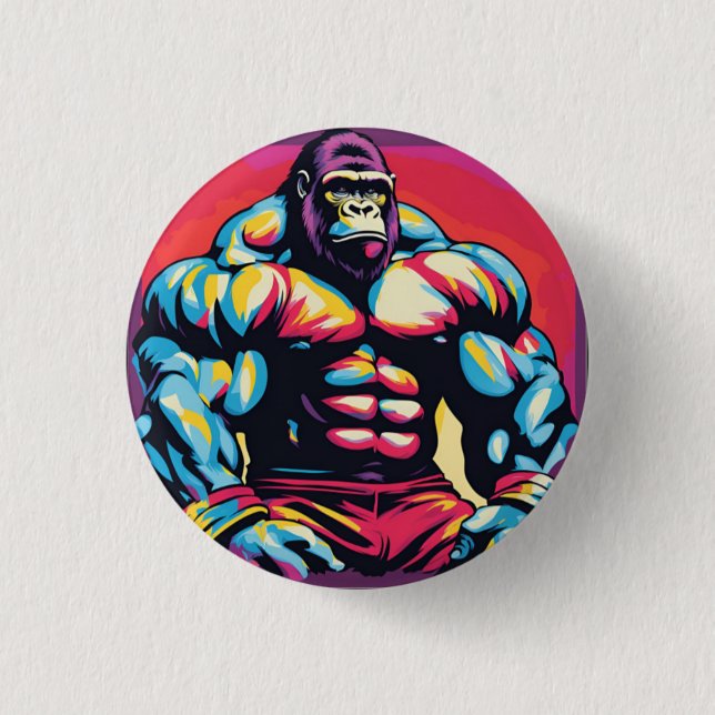 Gorilla Bodybuilder Lifter Pop Art Cartoon 3 Cm Round Badge (Front)