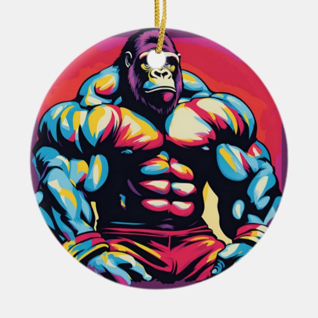 Gorilla Bodybuilder Lifter Pop Art Cartoon Ceramic Tree Decoration (Front)