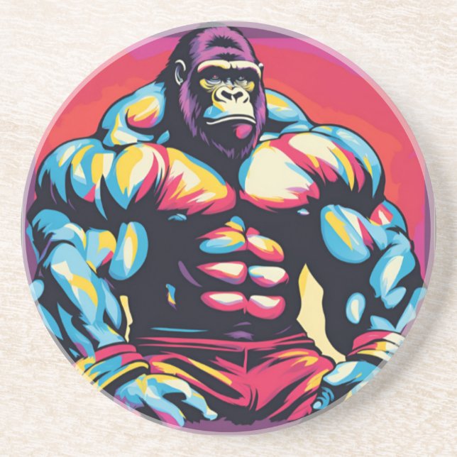 Gorilla Bodybuilder Lifter Pop Art Cartoon Coaster (Front)