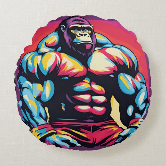 Gorilla Bodybuilder Lifter Pop Art Cartoon Round Cushion (Front)