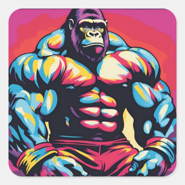 Gorilla Bodybuilder Lifter Pop Art Cartoon Square Sticker (Front)