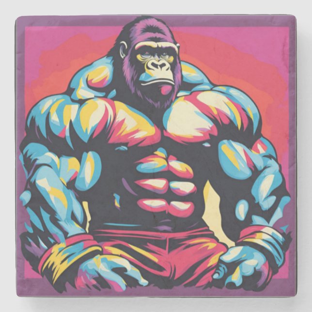 Gorilla Bodybuilder Lifter Pop Art Cartoon Stone Coaster (Front)