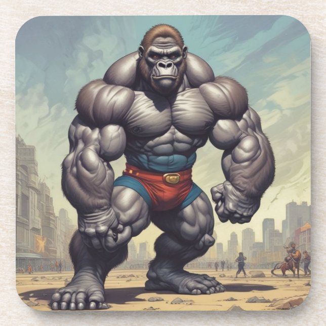 Gorilla Bodybuilder Pop Art Cartoon Drawing Coaster (Front)