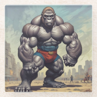 Gorilla Bodybuilder Pop Art Cartoon Drawing Glass Coaster