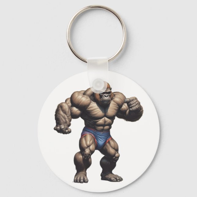 Gorilla Bodybuilder Pop Art Cartoon Drawing Key Ring (Front)