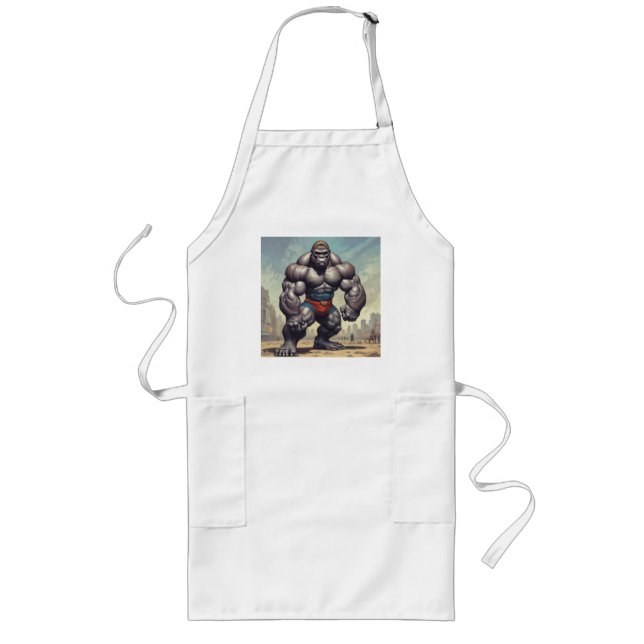 Gorilla Bodybuilder Pop Art Cartoon Drawing Long Apron (Front)