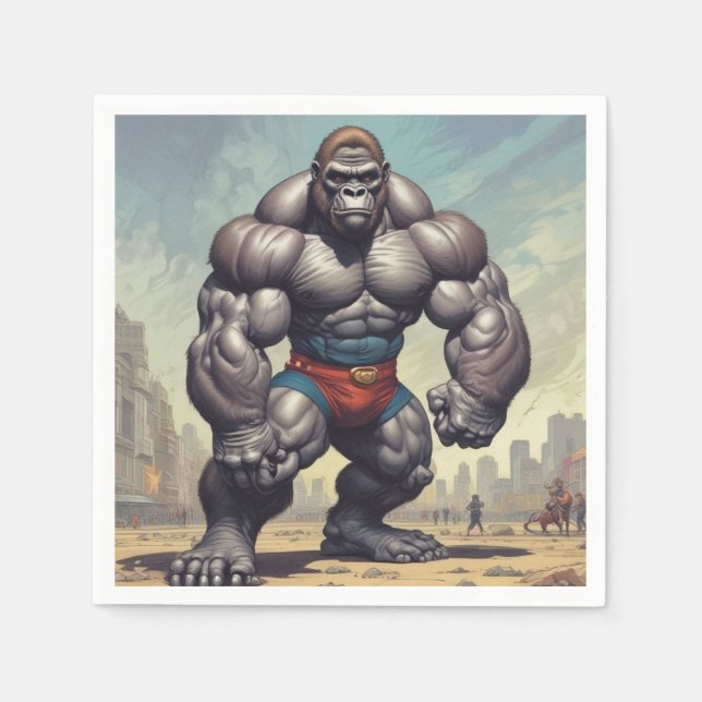 Gorilla Bodybuilder Pop Art Cartoon Drawing Napkin (Front)