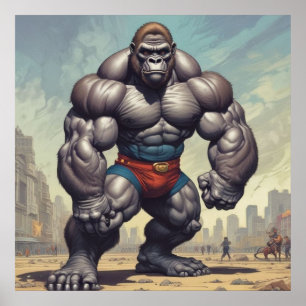 Gorilla Bodybuilder Pop Art Cartoon Drawing Poster