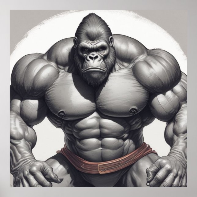 Gorilla Bodybuilder Pop Art Cartoon Drawing Poster (Front)