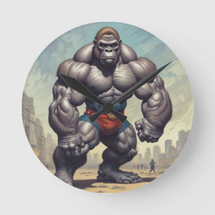 Gorilla Bodybuilder Pop Art Cartoon Drawing Round Clock