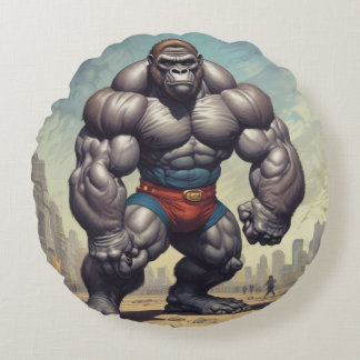 Gorilla Bodybuilder Pop Art Cartoon Drawing Round Cushion